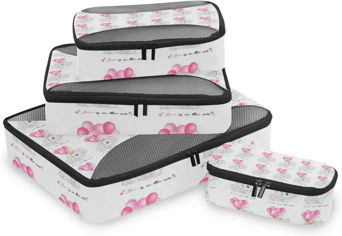 Cute Elephant Mother and Cub with Pink Balloons on White 4 PCs Set Packing Bags, Luggage Organizer Bag, Portable Cube Toiletry bag, Durable Travel Cosmetic Storage Bag for Men Women