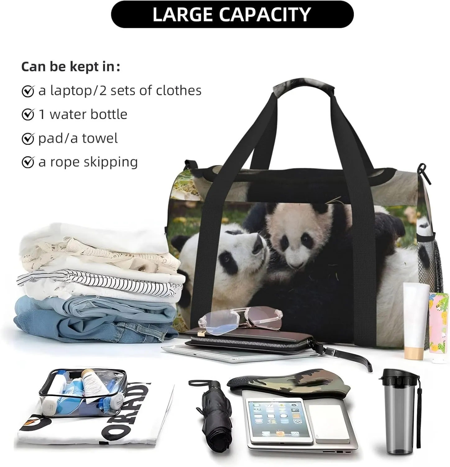 Cute Panda Travel Duffel Bag Large Foldable Waterproof Overnight Bag For Beach Swim Bags Pool Sports Gym
