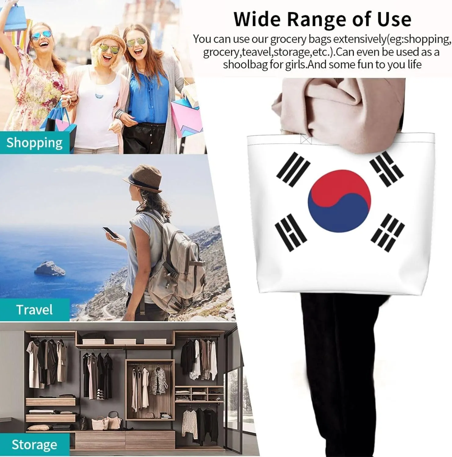 Cute South Korea Flag Tote Bag Womens South Korean Beach Tote Shoulder Bag for Shopping, Beach,Travel