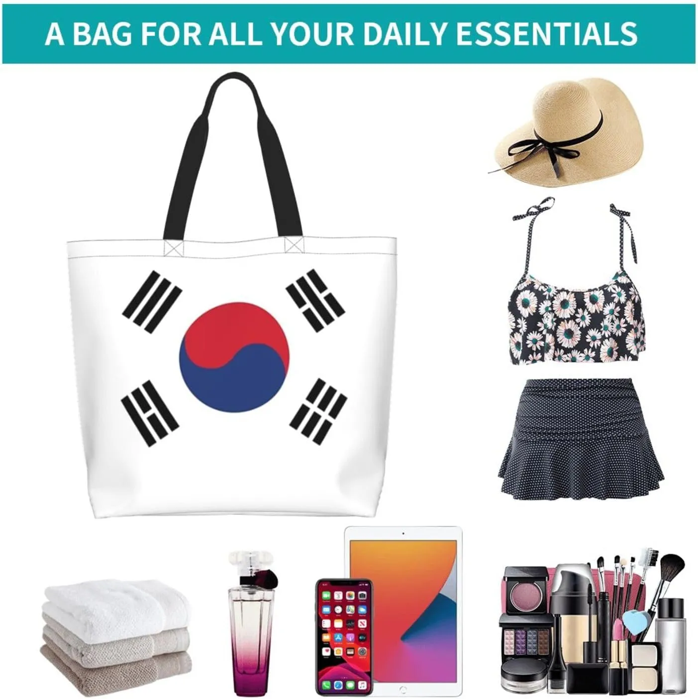 Cute South Korea Flag Tote Bag Womens South Korean Beach Tote Shoulder Bag for Shopping, Beach,Travel