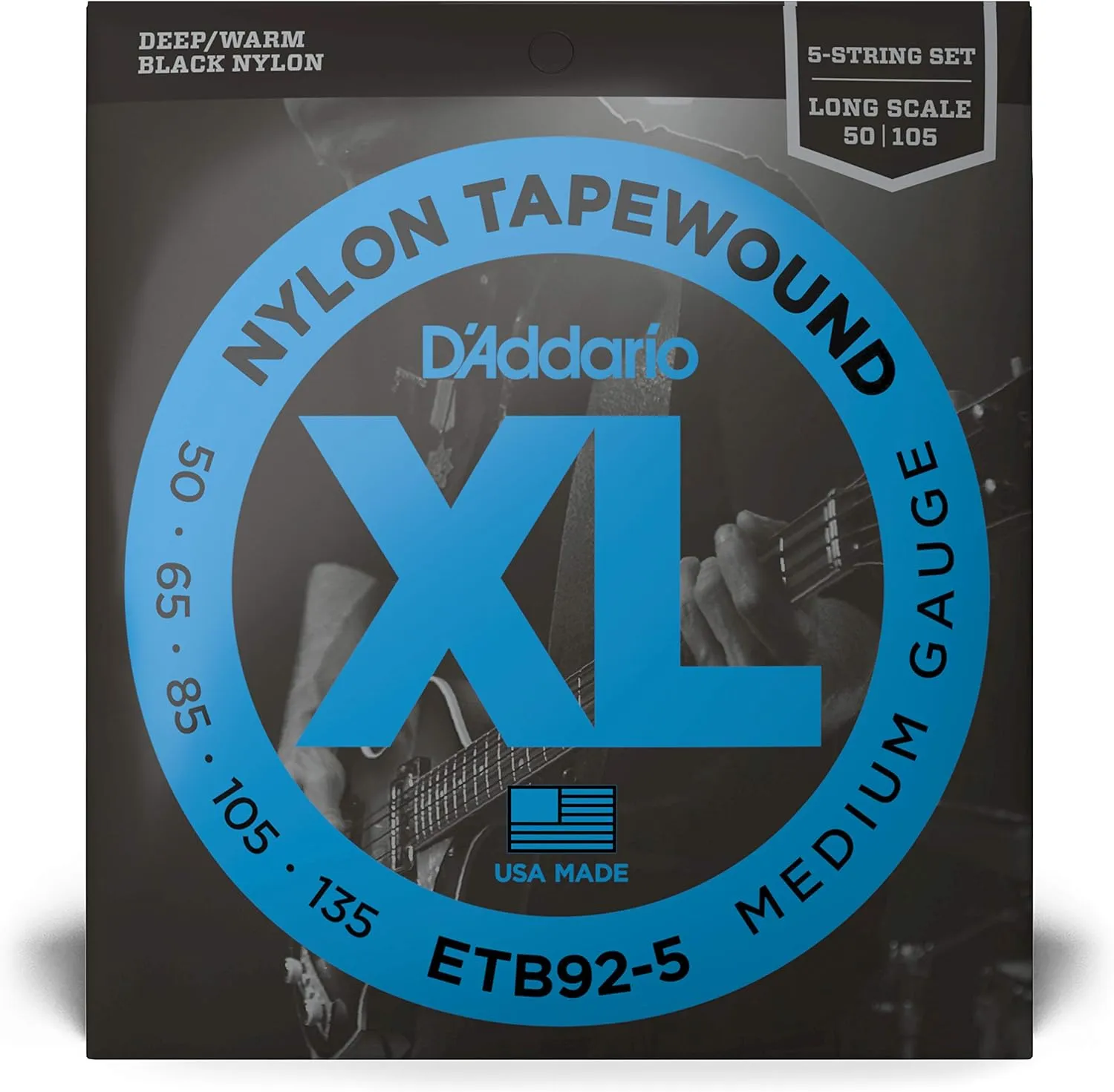 D'Addario Bass Guitar Strings, Tapewound Black Nylon, ETB92-5, Long Scale, Medium Gauge 50-135, 5-String Set, Pack of 1