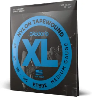 D'Addario Bass Guitar Strings, Tapewound Black Nylon, ETB92, Long Scale, Medium Gauge 50-105, 4-String Set, Pack of 1