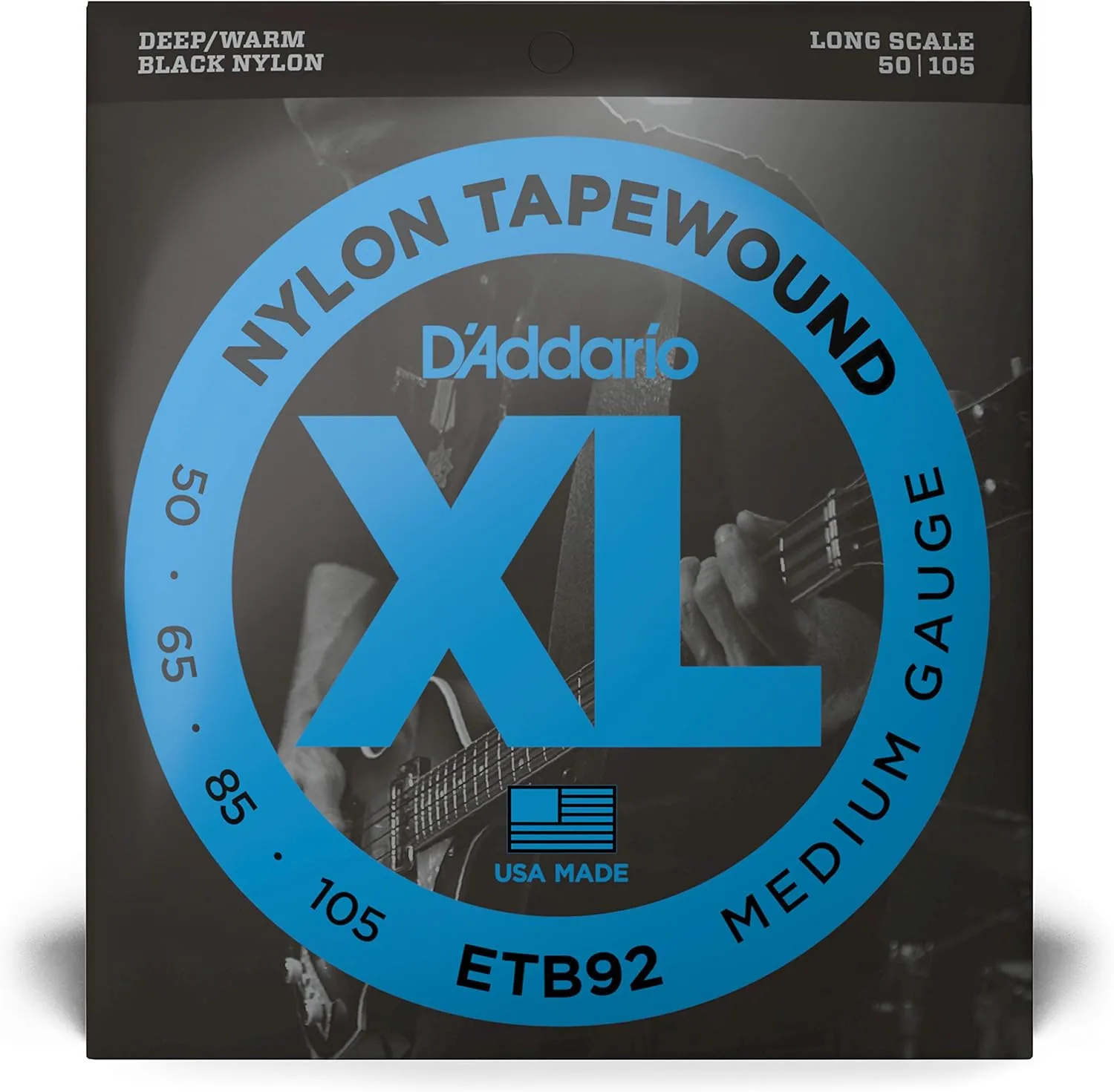 D'Addario Bass Guitar Strings, Tapewound Black Nylon, ETB92, Long Scale, Medium Gauge 50-105, 4-String Set, Pack of 1