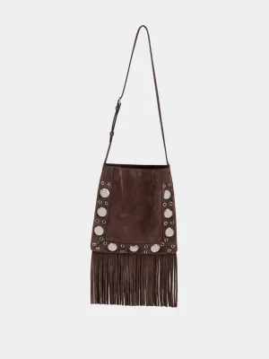 Dark Brown Plaque Fringed Edge Crossbody Bag