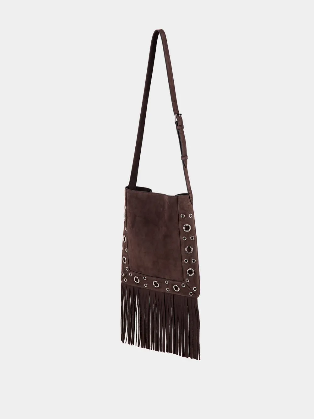 Dark Brown Plaque Fringed Edge Crossbody Bag