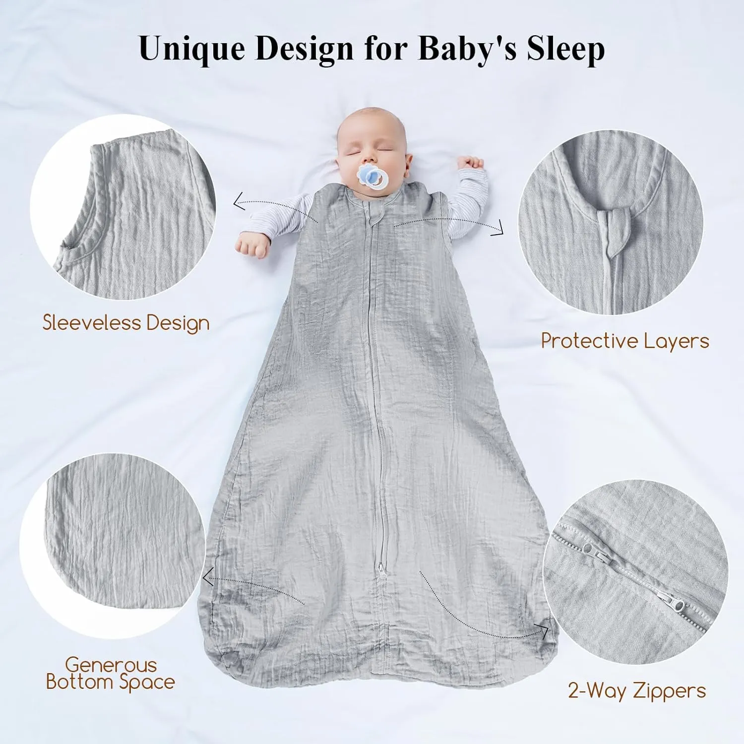 david's kids Muslin Cotton Baby Sleep Sack 6-12 Months, 2 Pack 100% Cotton Sleeping Bag for Summer, TOG 0.5 Baby Wearable Blankets with 2-Way Zipper, Soft Sleep Sacks for Newborn Infant, Grey & Blue