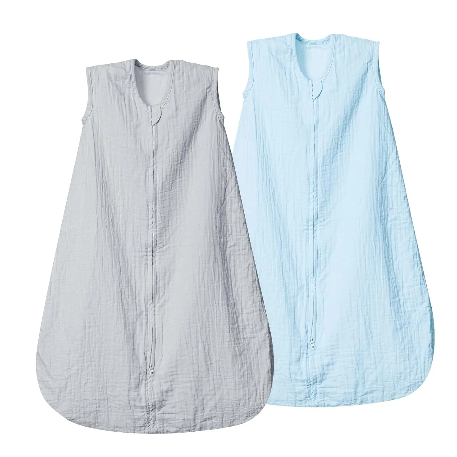 david's kids Muslin Cotton Baby Sleep Sack 6-12 Months, 2 Pack 100% Cotton Sleeping Bag for Summer, TOG 0.5 Baby Wearable Blankets with 2-Way Zipper, Soft Sleep Sacks for Newborn Infant, Grey & Blue