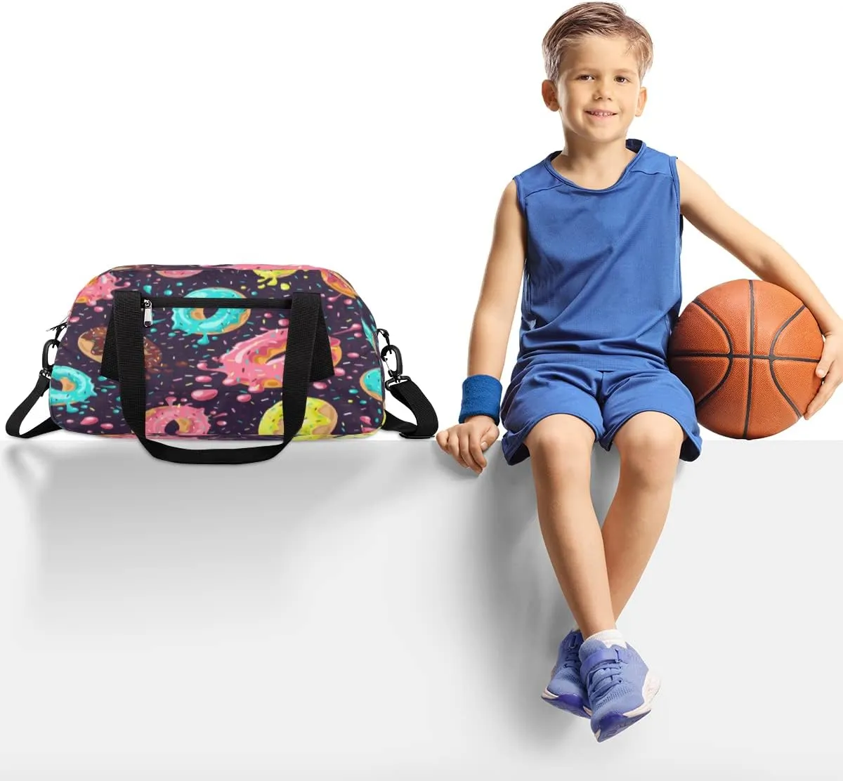 Delicious Donuts Theme Kids Duffel Overnight Bag for Kids, Sports Gym Bag Weekender Carry On Travel Tote Bag for Teen Boys Girls