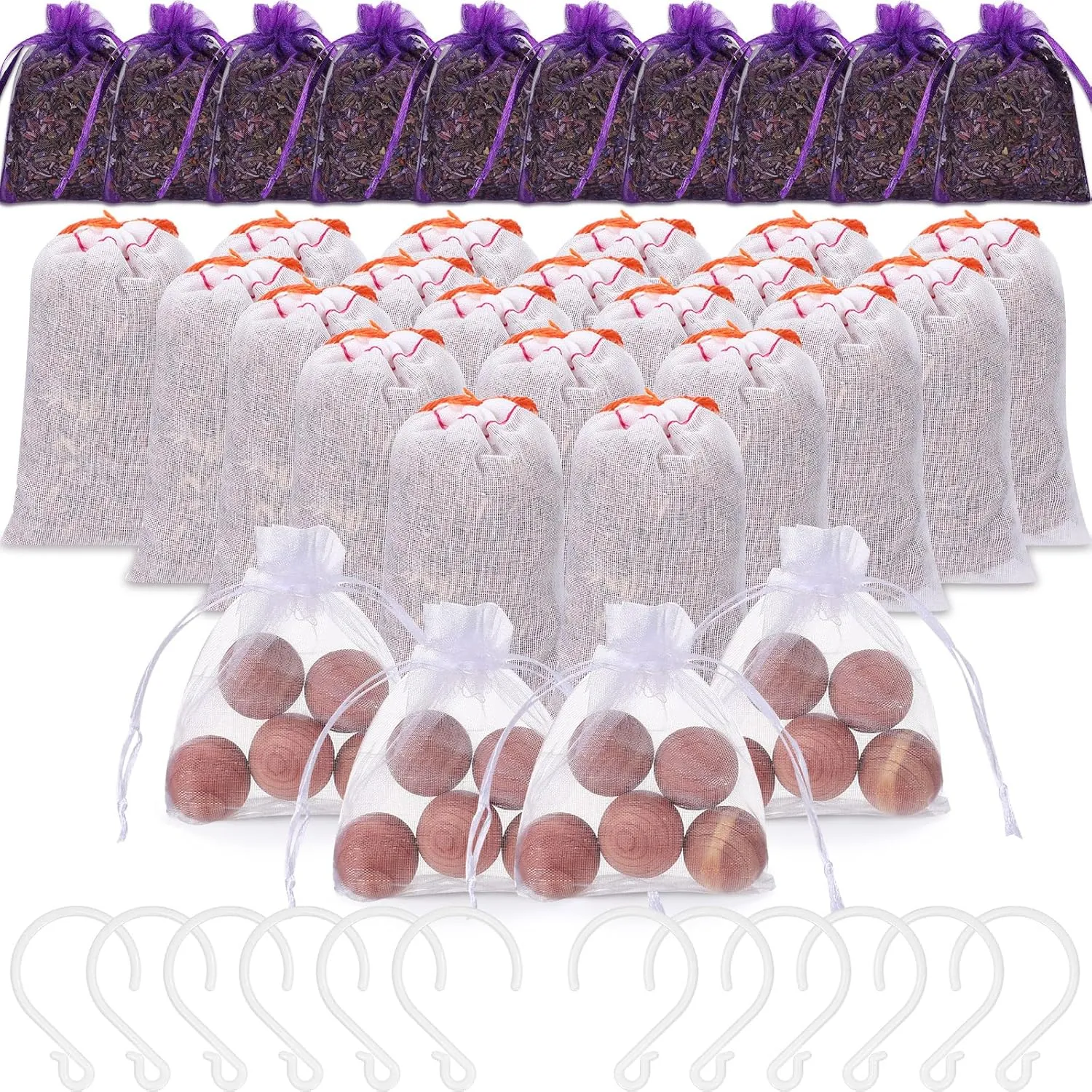 Demissle 66 Pcs Cedar Accessories for Drawers and Closets Includes 20 Cedar Sawdust Scent Bags 20 Wood Balls 10 Lavender Sachet 4 Organza Bags 12 Hooks for Wardrobes Closets Clothes Storage