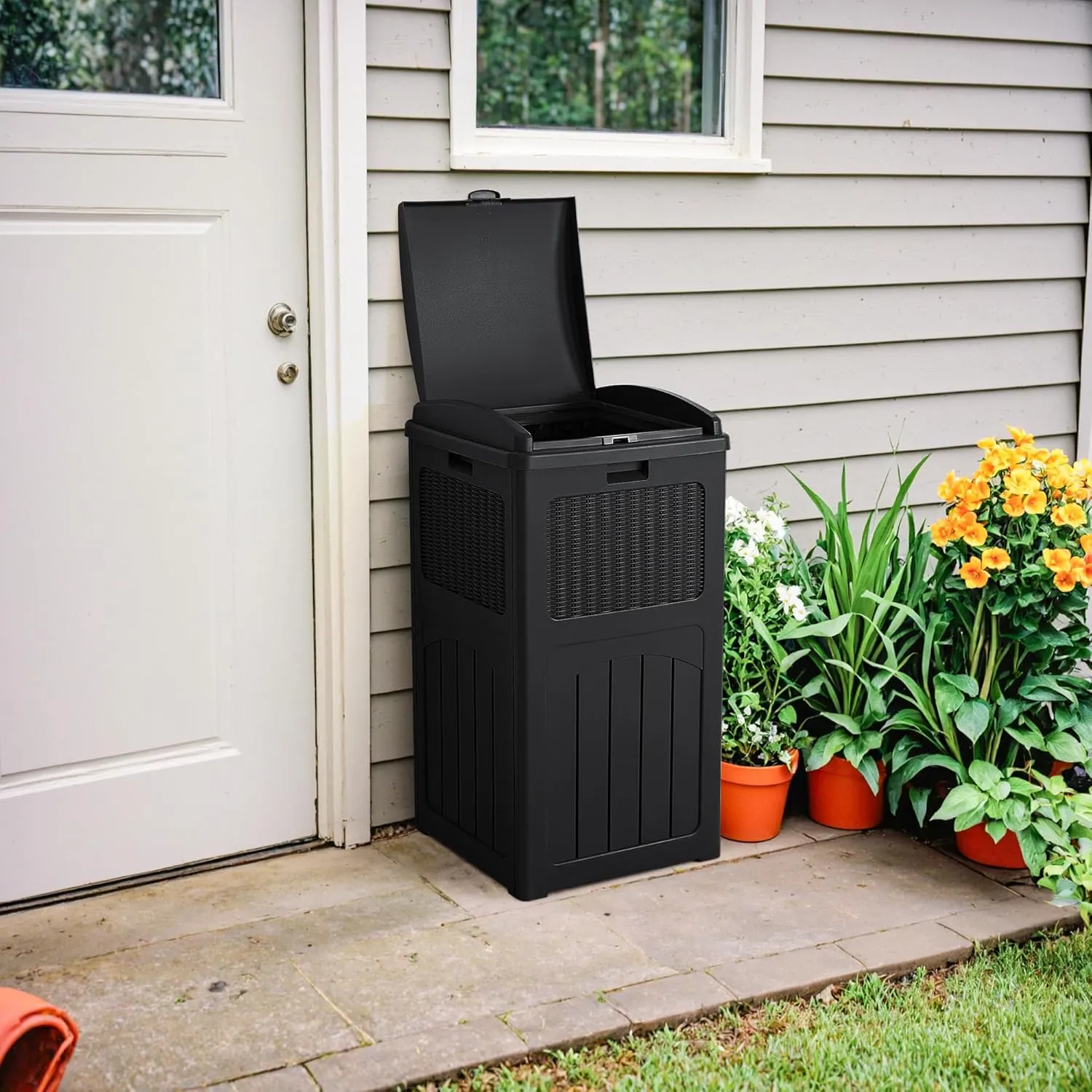 Devoko 33 Gallon Outdoor Trash Can with Dual Lid, Heavy Duty Waterproof Resin Garbage Bins Outside, Hideaway Waste Bins for Patio, Outside Pool, Backyard and Deck (1, Black)