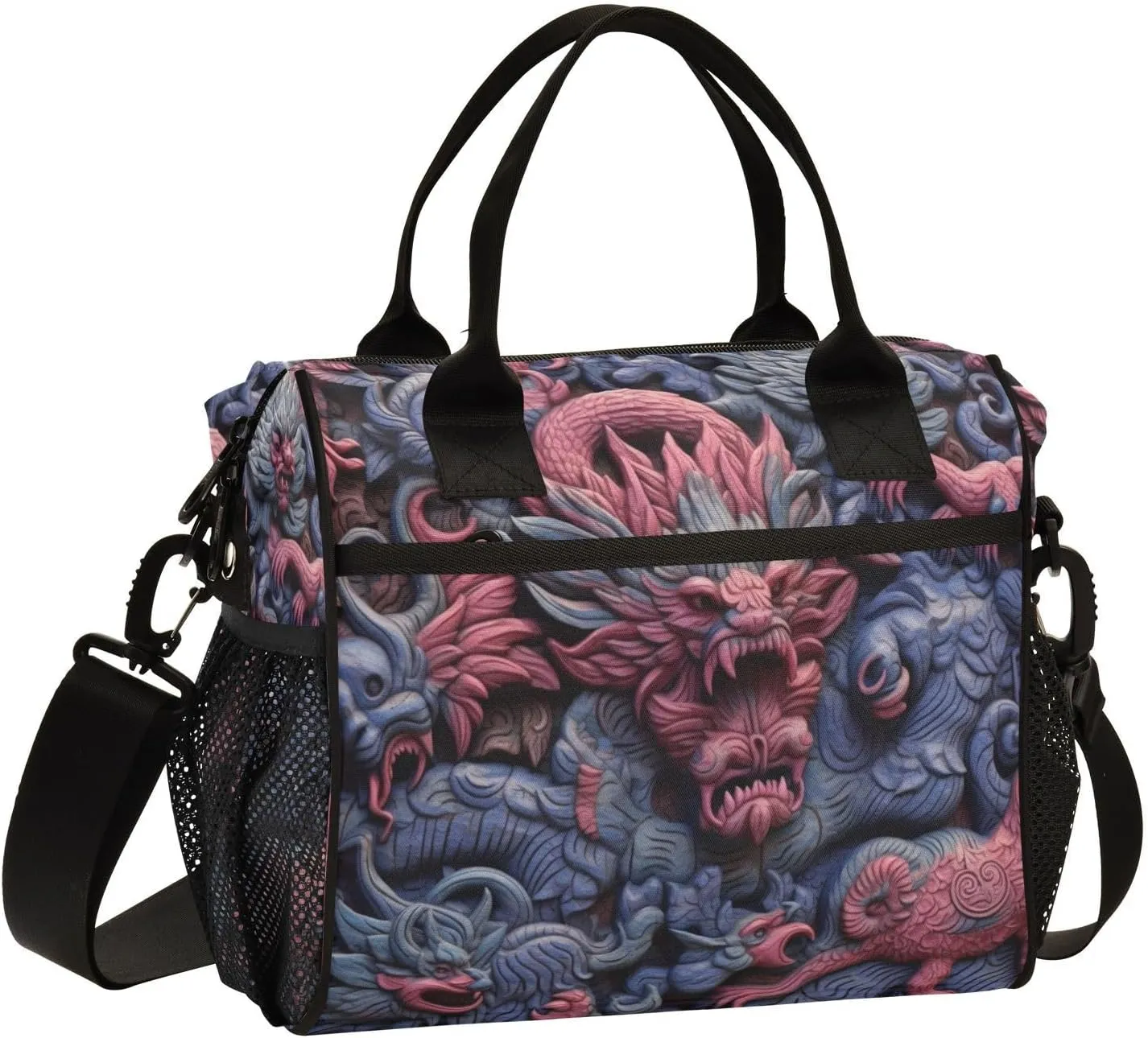 Dragon Carvings Insulated Lunch Bag Leakproof Freezable Cooler Bag with Adjustable Shoulder Strap for Office Work Picnic Beach,S