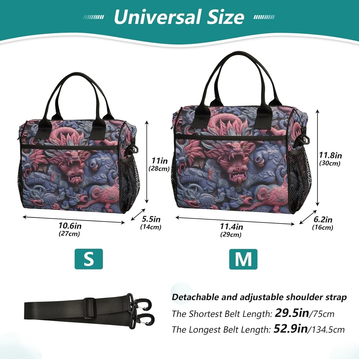 Dragon Carvings Insulated Lunch Bag Leakproof Freezable Cooler Bag with Adjustable Shoulder Strap for Office Work Picnic Beach,S