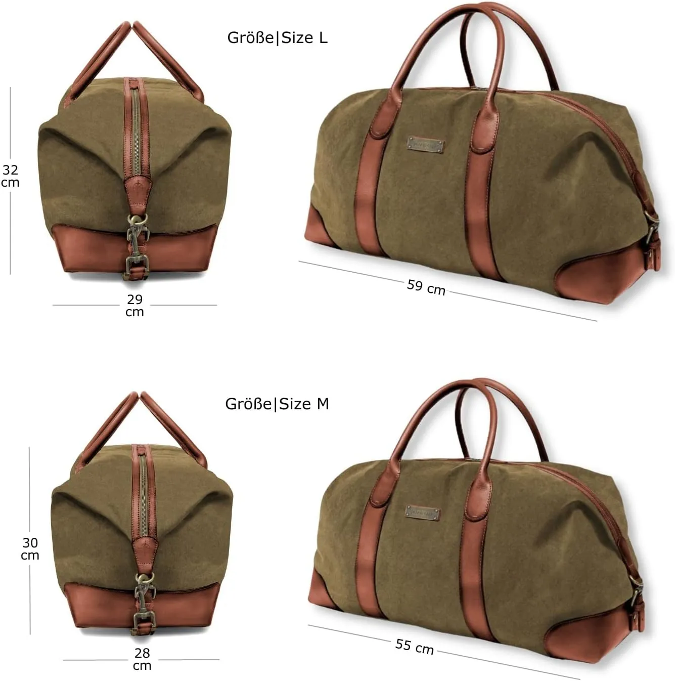 DRAKENSBERG Weekender 'David' (M) - travel duffle, carryall and gym bag in vintage retro design, large, ladies, men, sustainably handmade, canvas, leather, 45L, olive-green, DR00126-M