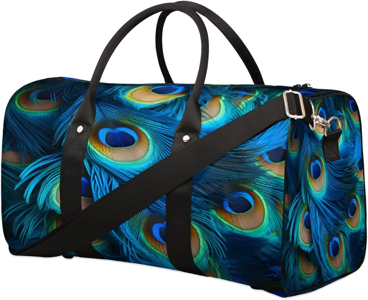 Duffel Bags Peacock Feathers Large Tote Bag Animal Feathers Overnight Travel Bags for Women Men Lightweight Duffel Bag Adjustable Strap Carry On Bag Waterproof Gym Travel Bag