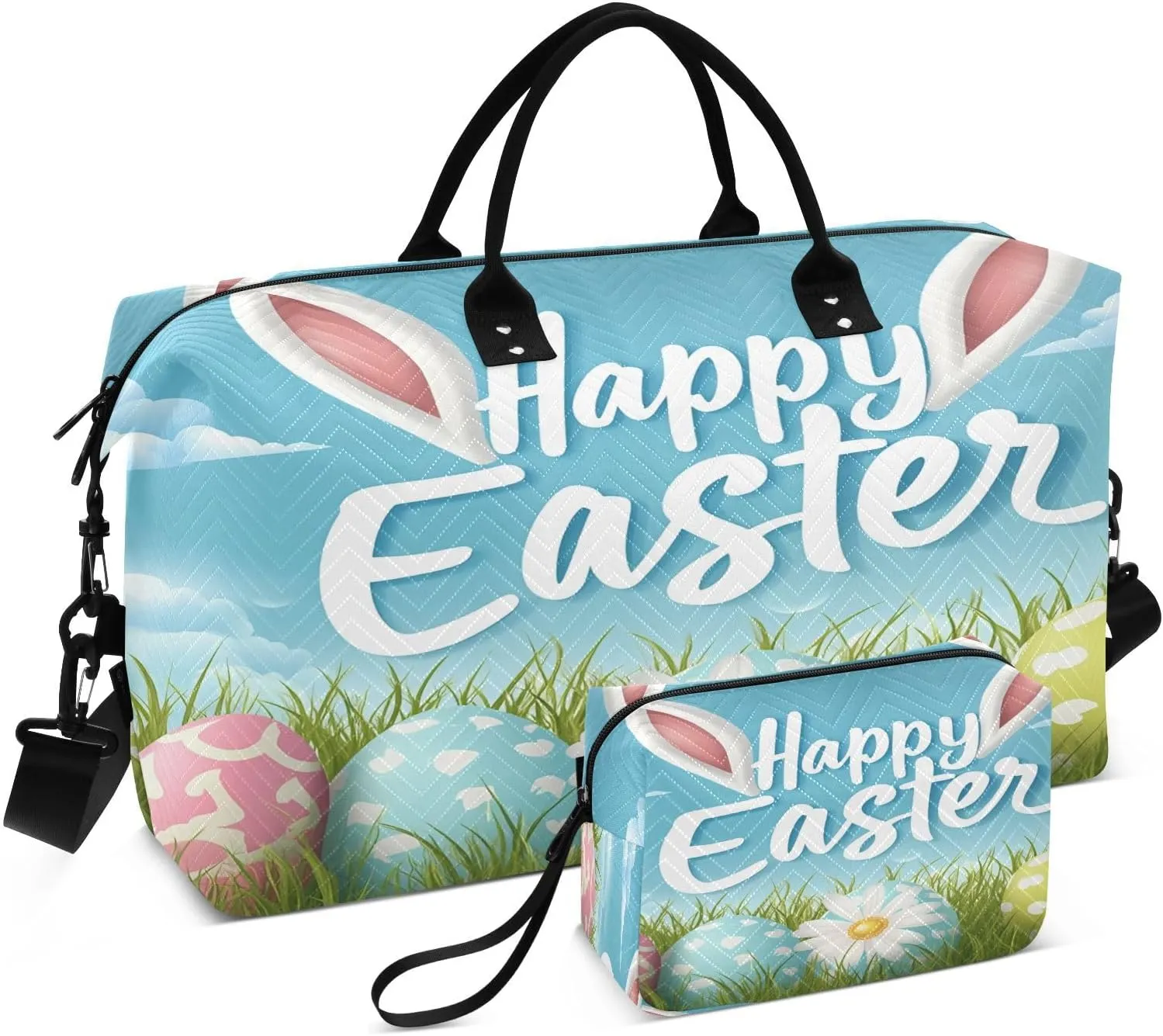 Easter Colorful Eggs Travel Duffel Bags 2PCS,Sports Duffel Bags for Men Women,Weekender Overnight Bag Gym Tote Bag with Toiletry Bag