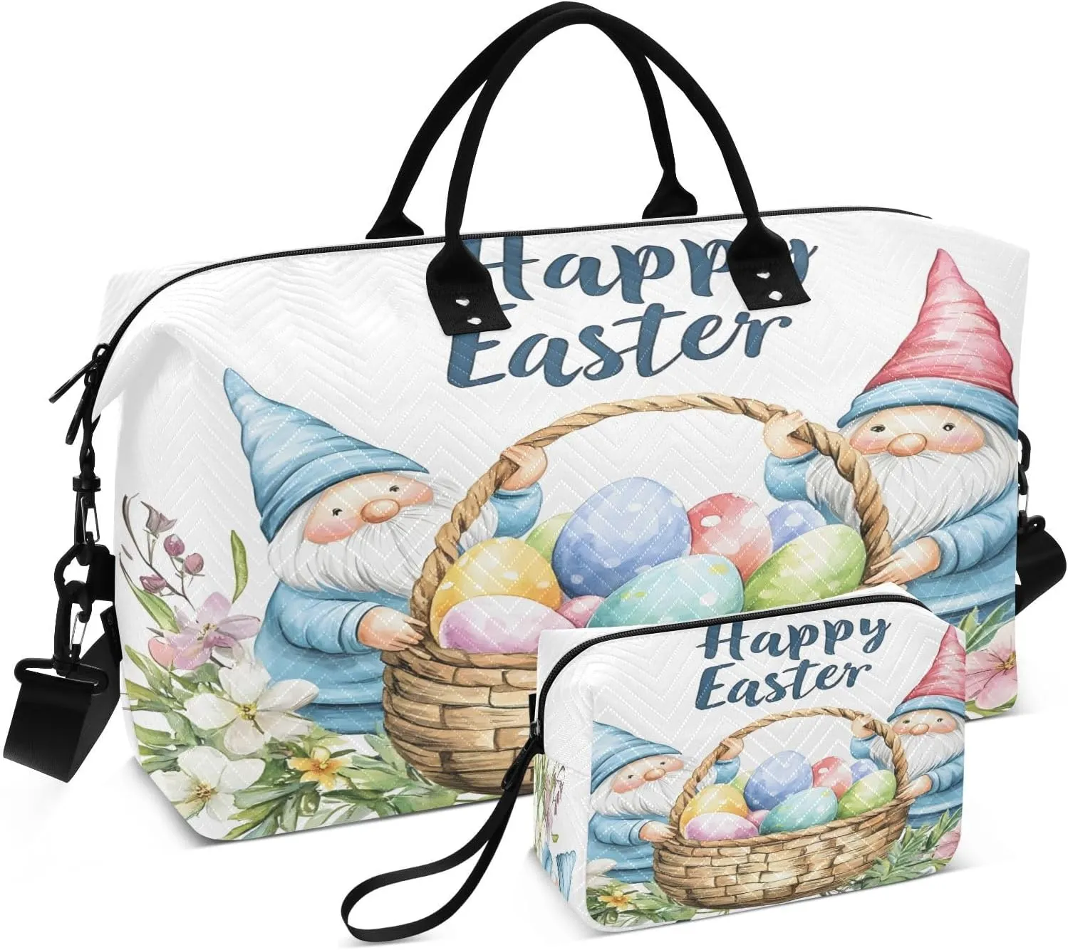 Easter Cute Gnome and Eggs Travel Duffel Bags 2PCS,Sports Duffel Bags for Men Women,Weekender Overnight Bag Gym Tote Bag with Toiletry Bag