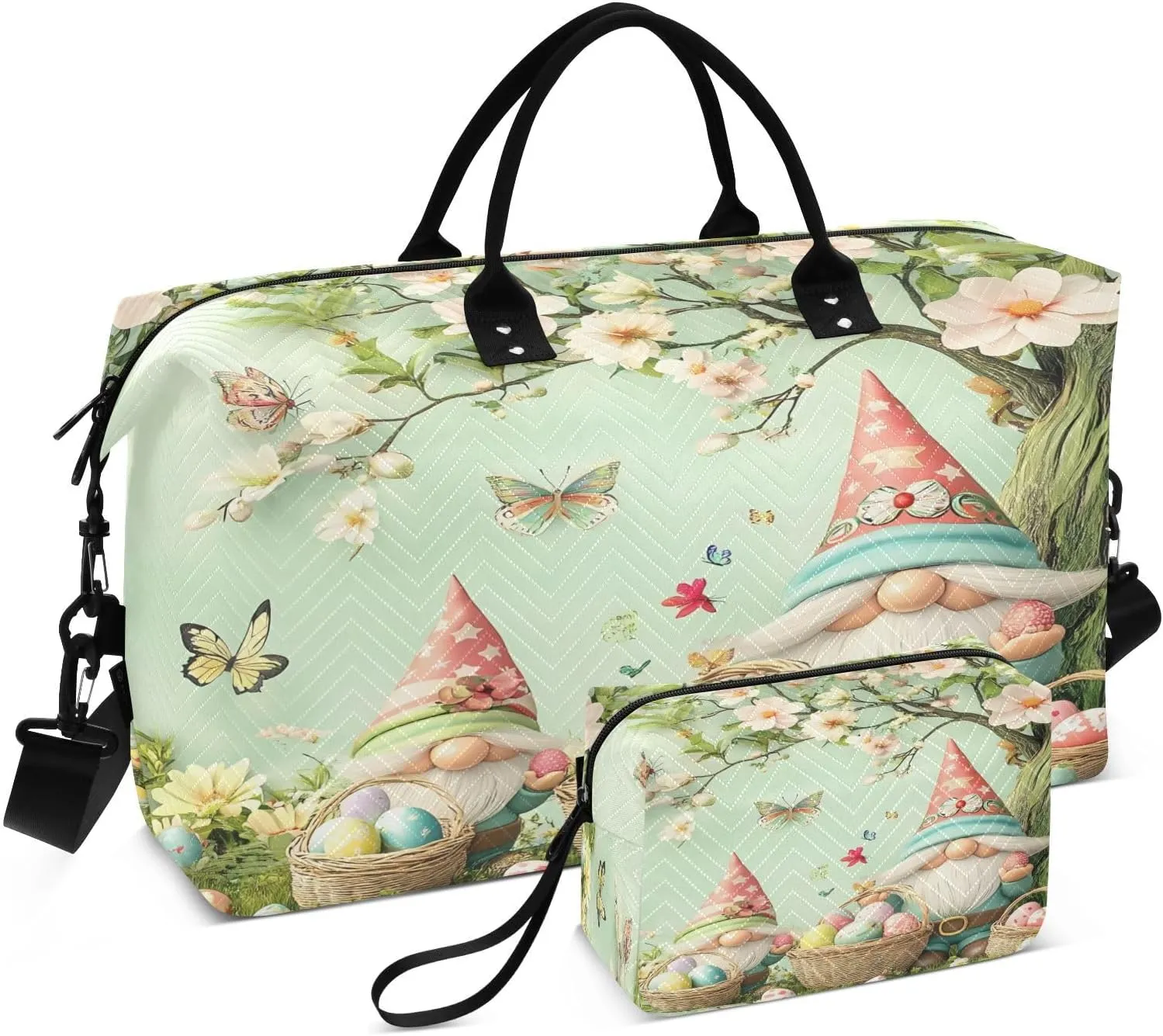Easter Cute Gnome and Eggs Travel Duffel Bags 2PCS,Sports Duffel Bags for Men Women,Weekender Overnight Bag Gym Tote Bag with Toiletry Bag