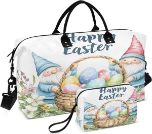 Easter Cute Gnome and Eggs Travel Duffel Bags 2PCS,Sports Duffel Bags for Men Women,Weekender Overnight Bag Gym Tote Bag with Toiletry Bag