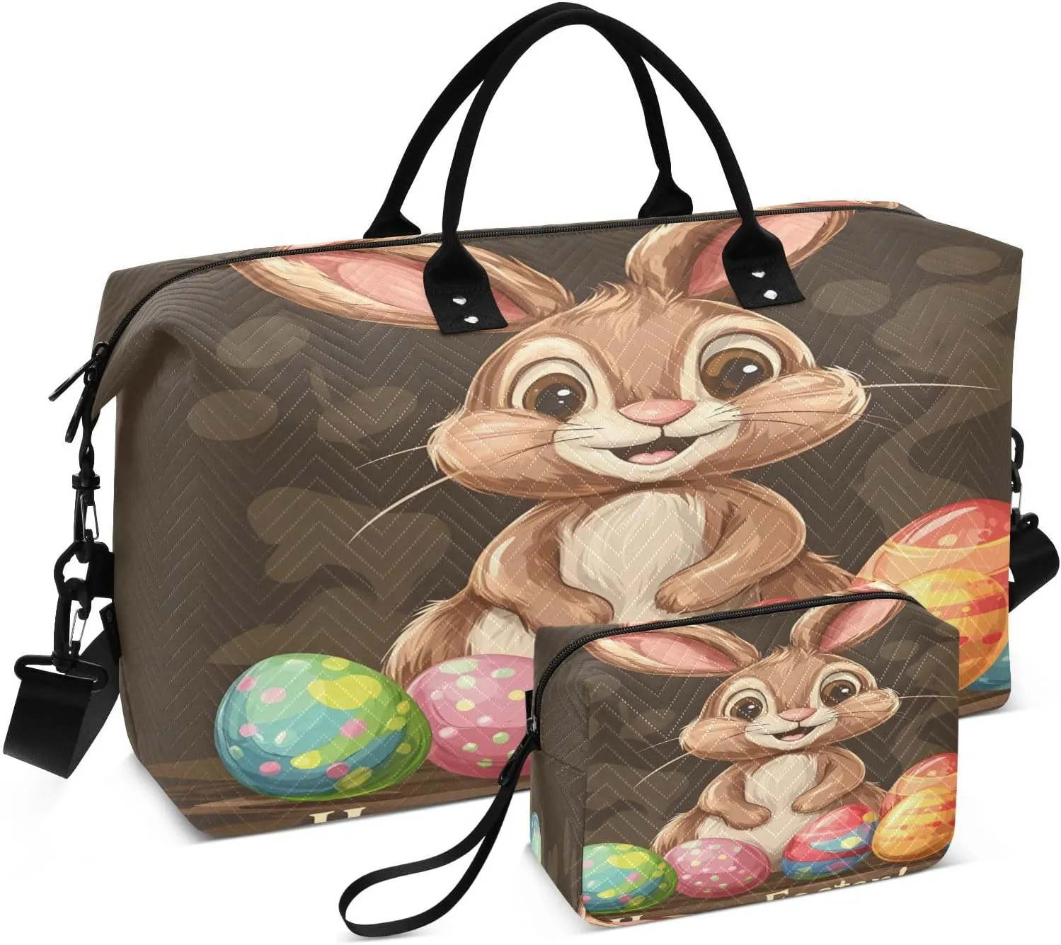 Easter Cute Rabbit and Egg Travel Duffel Bags 2PCS,Sports Duffel Bags for Men Women,Weekender Overnight Bag Gym Tote Bag with Toiletry Bag