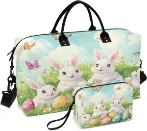 Easter Cute Rabbit and Egg Travel Duffel Bags 2PCS,Sports Duffel Bags for Men Women,Weekender Overnight Bag Gym Tote Bag with Toiletry Bag