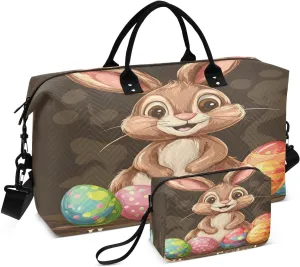 Easter Cute Rabbit and Egg Travel Duffel Bags 2PCS,Sports Duffel Bags for Men Women,Weekender Overnight Bag Gym Tote Bag with Toiletry Bag