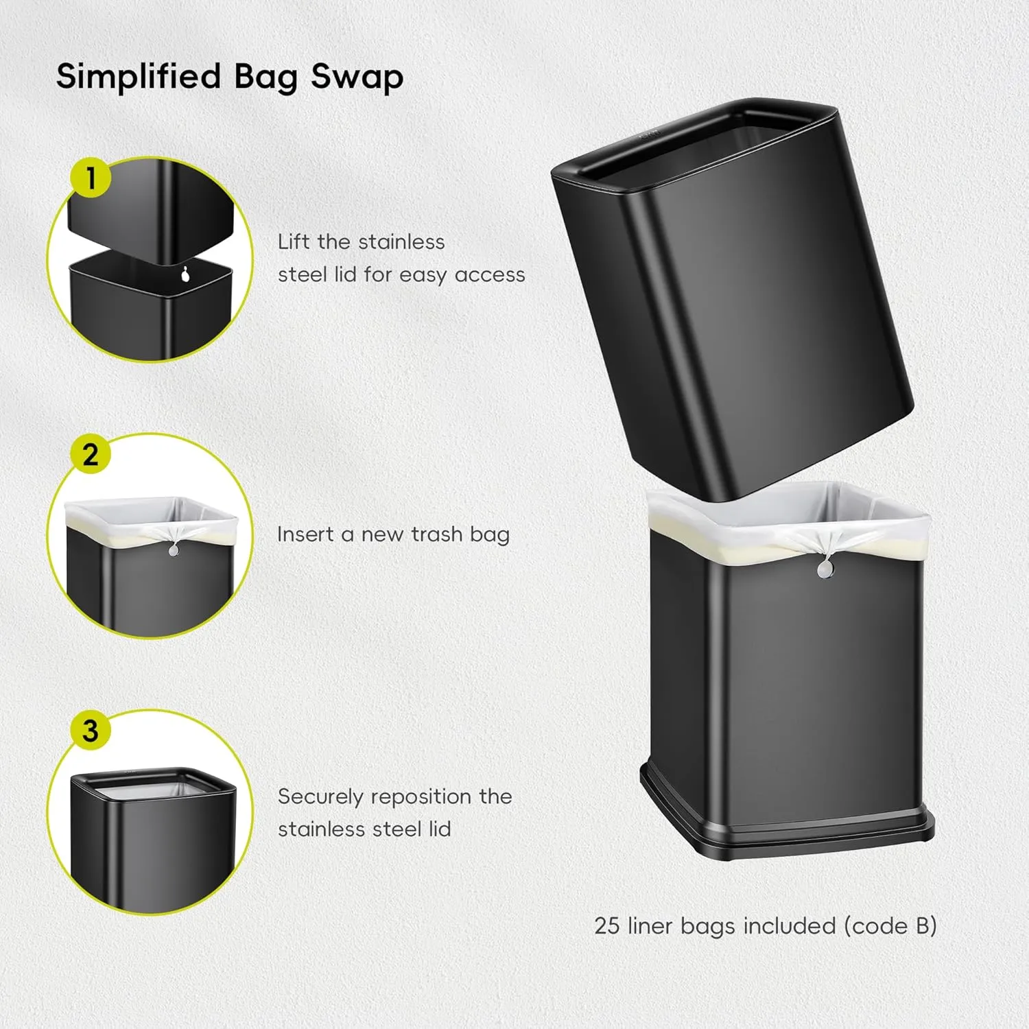 EKO Laguna 2.6 Gallon/10L Matte Black Stainless Steel Open Top Trash Can with Removable Inner Basket - Modern Bathroom & Office Waste Bin