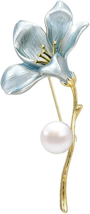 Elegant and Exquisite Freshwater Pearl Brooch Blue Magnolia Flower Pin for Women Wedding/Banquet Jewelry