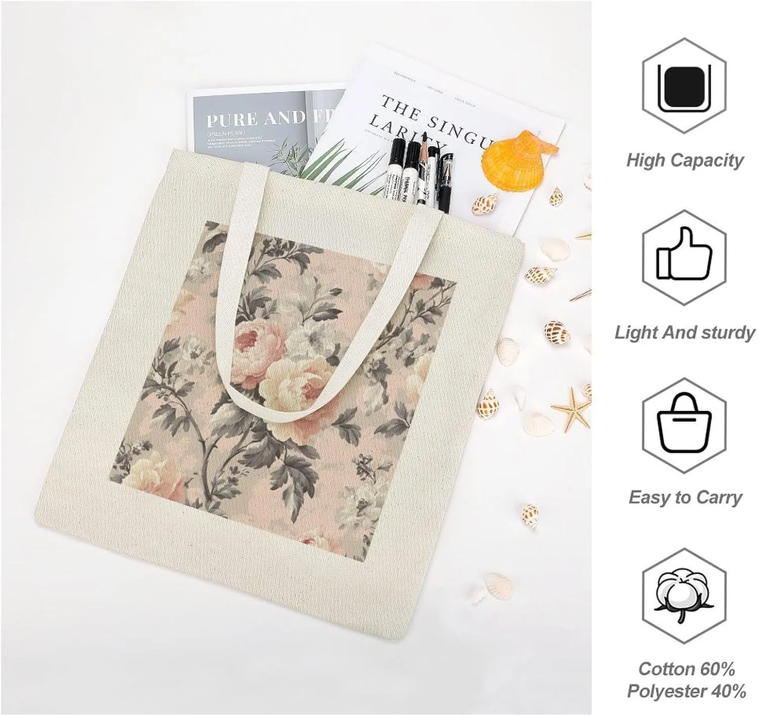 Elegant Blush Floral Spring Canvas Tote Gifts for Women Mother Floral Pink Watercolor Reusable Shoulder Tote Bag