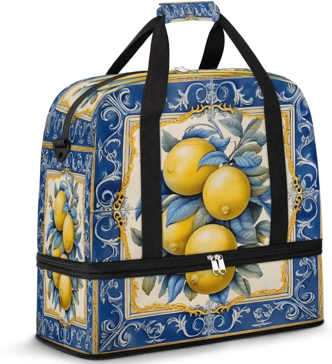Elegant Citrus Tiles Travel Duffel Bag, Travel Essentials, Gym Bag for Women, Weekender Overnight Bag With Shoes Compartment, Carry On Bags for Airplanes