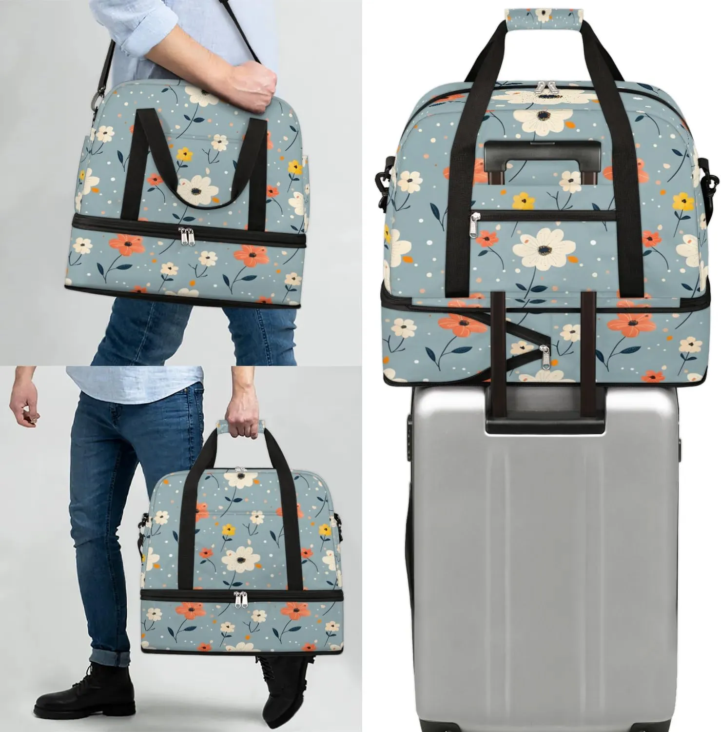 Elegant Flora Printings Travel Duffle Bag, Collapsible Travel Bag Sports Gym Bag With Shoes Compartment Weekender Bag Overnight Bag For Women Men