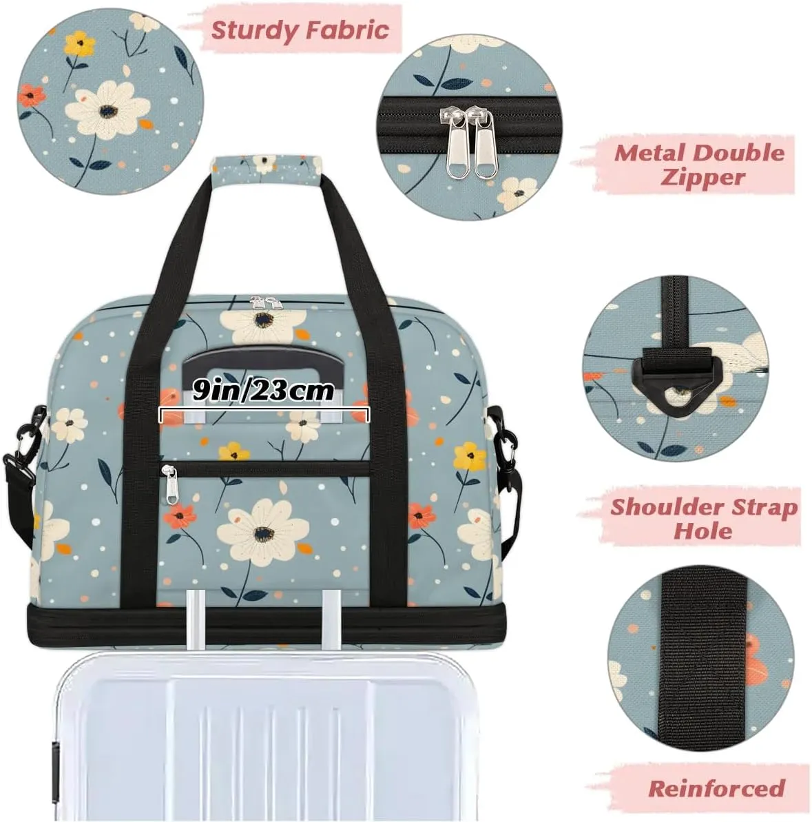 Elegant Flora Printings Travel Duffle Bag, Collapsible Travel Bag Sports Gym Bag With Shoes Compartment Weekender Bag Overnight Bag For Women Men