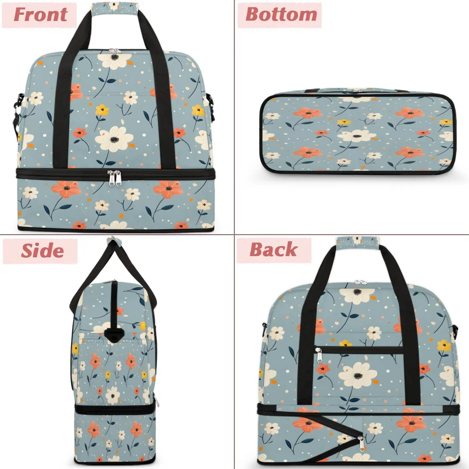 Elegant Flora Printings Travel Duffle Bag, Collapsible Travel Bag Sports Gym Bag With Shoes Compartment Weekender Bag Overnight Bag For Women Men