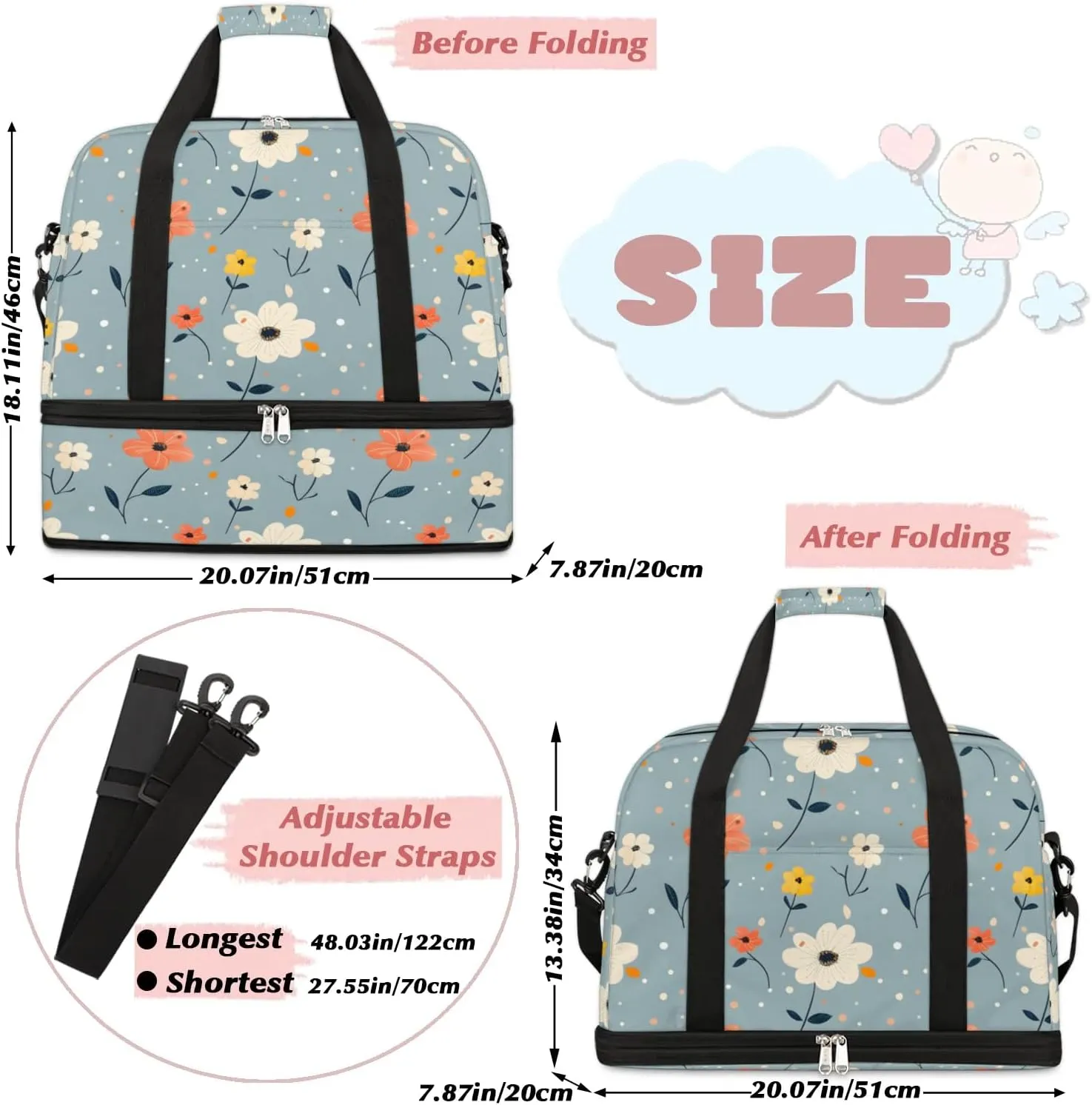 Elegant Flora Printings Travel Duffle Bag, Collapsible Travel Bag Sports Gym Bag With Shoes Compartment Weekender Bag Overnight Bag For Women Men