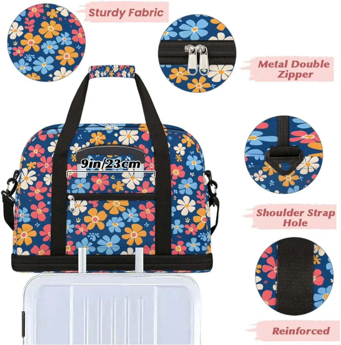 Elegant Flora Prints Travel Duffle Bag, Collapsible Travel Bag Sports Gym Bag With Shoes Compartment Weekender Bag Overnight Bag For Women Men