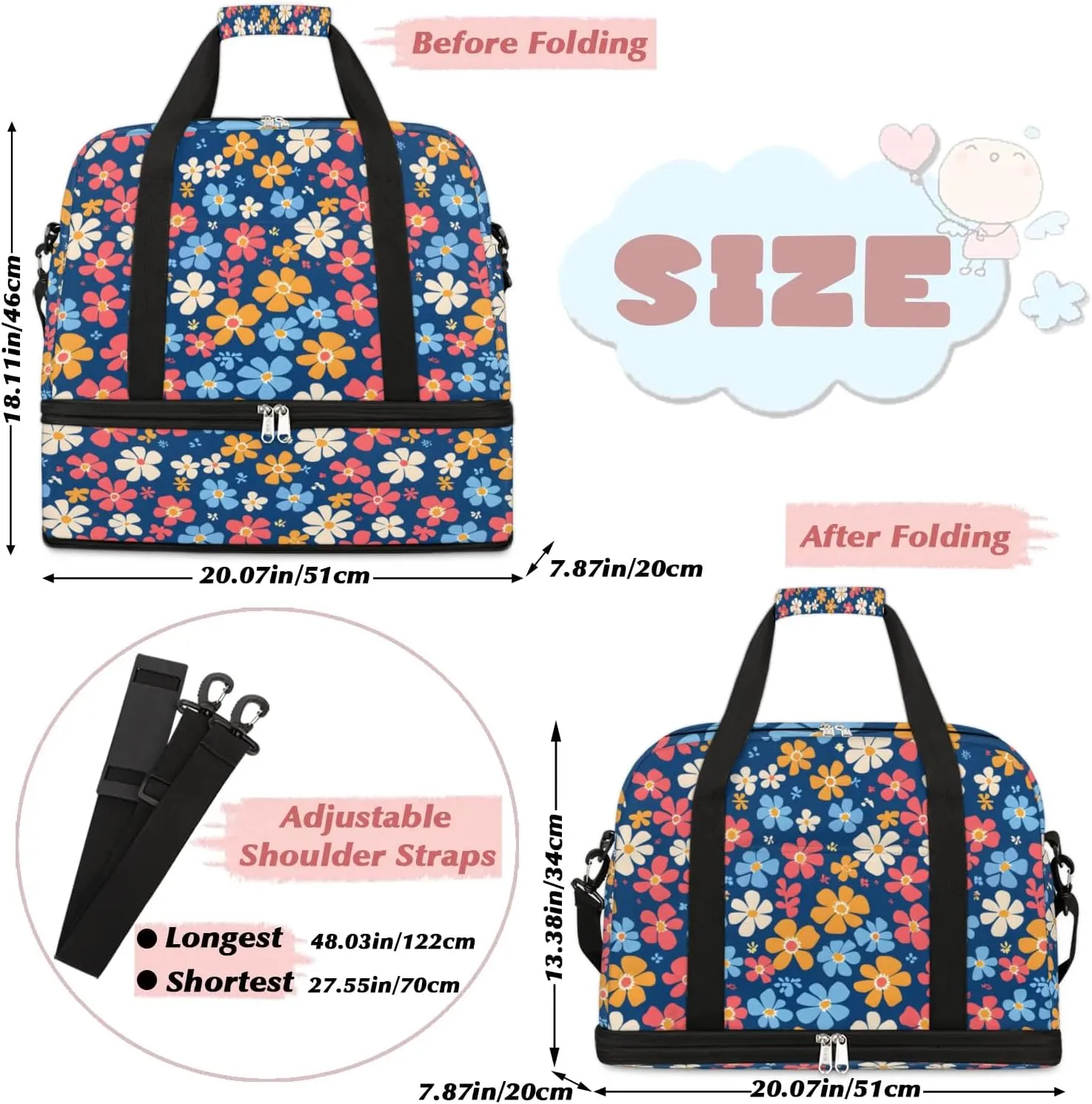 Elegant Flora Prints Travel Duffle Bag, Collapsible Travel Bag Sports Gym Bag With Shoes Compartment Weekender Bag Overnight Bag For Women Men