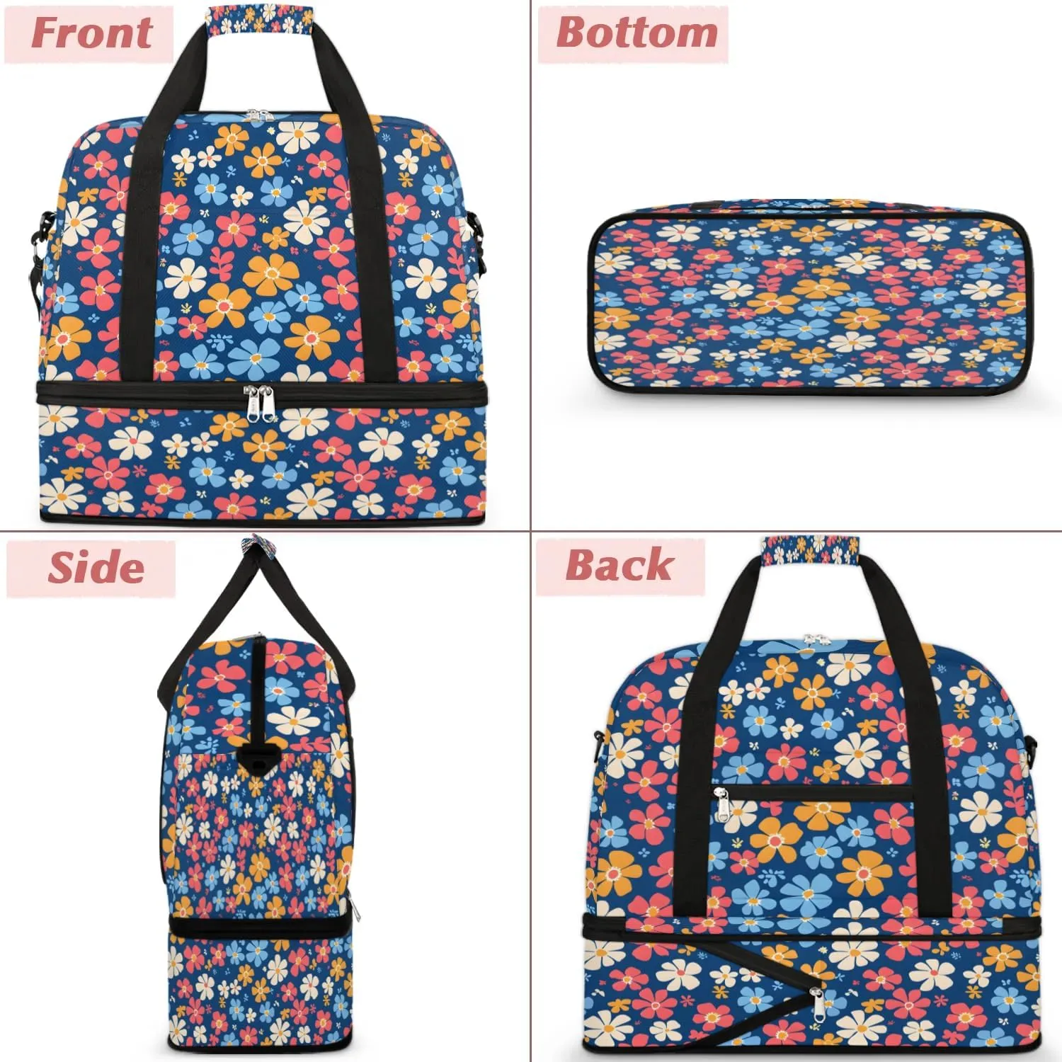 Elegant Flora Prints Travel Duffle Bag, Collapsible Travel Bag Sports Gym Bag With Shoes Compartment Weekender Bag Overnight Bag For Women Men