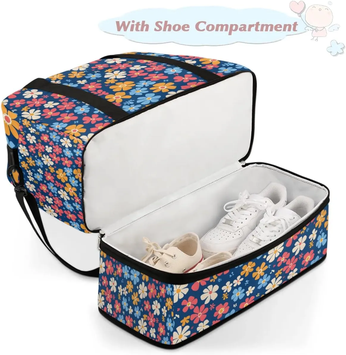 Elegant Flora Prints Travel Duffle Bag, Collapsible Travel Bag Sports Gym Bag With Shoes Compartment Weekender Bag Overnight Bag For Women Men