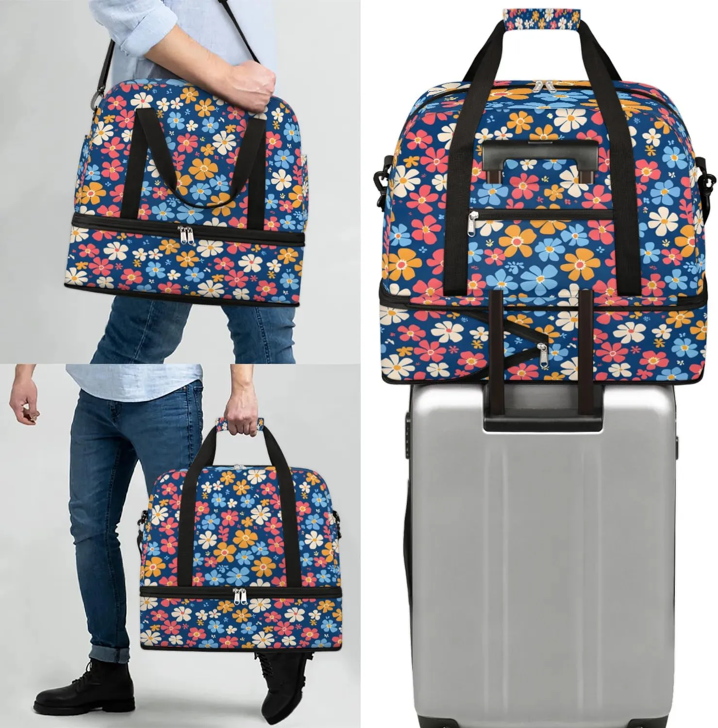 Elegant Flora Prints Travel Duffle Bag, Collapsible Travel Bag Sports Gym Bag With Shoes Compartment Weekender Bag Overnight Bag For Women Men