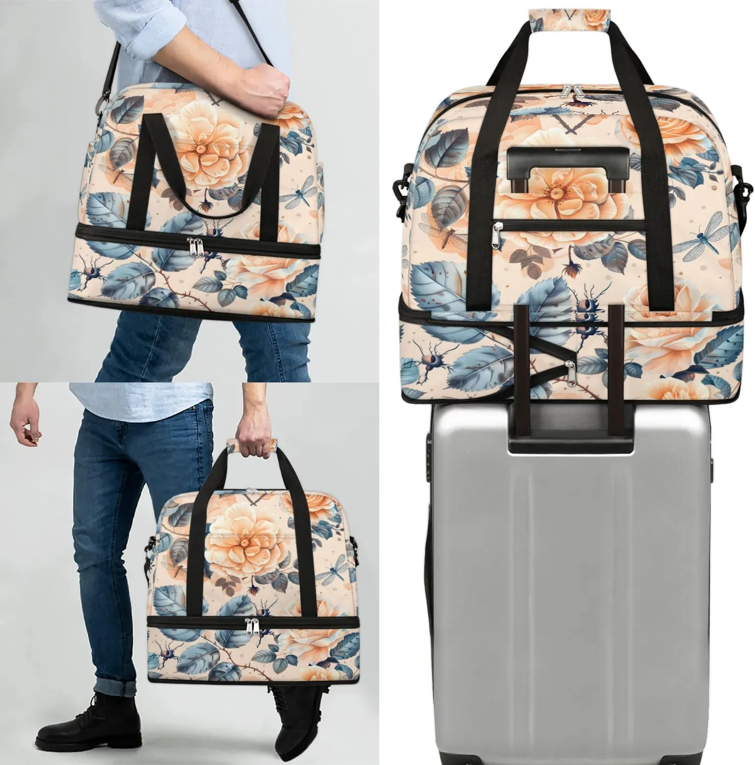 Elegant Flower Colorful Print Travel Duffle Bag, Collapsible Travel Bag Sports Gym Bag With Shoes Compartment Weekender Bag Overnight Bag For Women Men