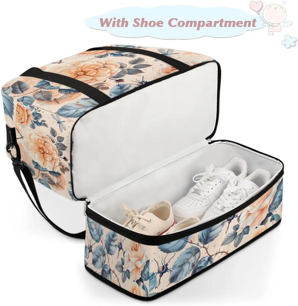 Elegant Flower Colorful Print Travel Duffle Bag, Collapsible Travel Bag Sports Gym Bag With Shoes Compartment Weekender Bag Overnight Bag For Women Men