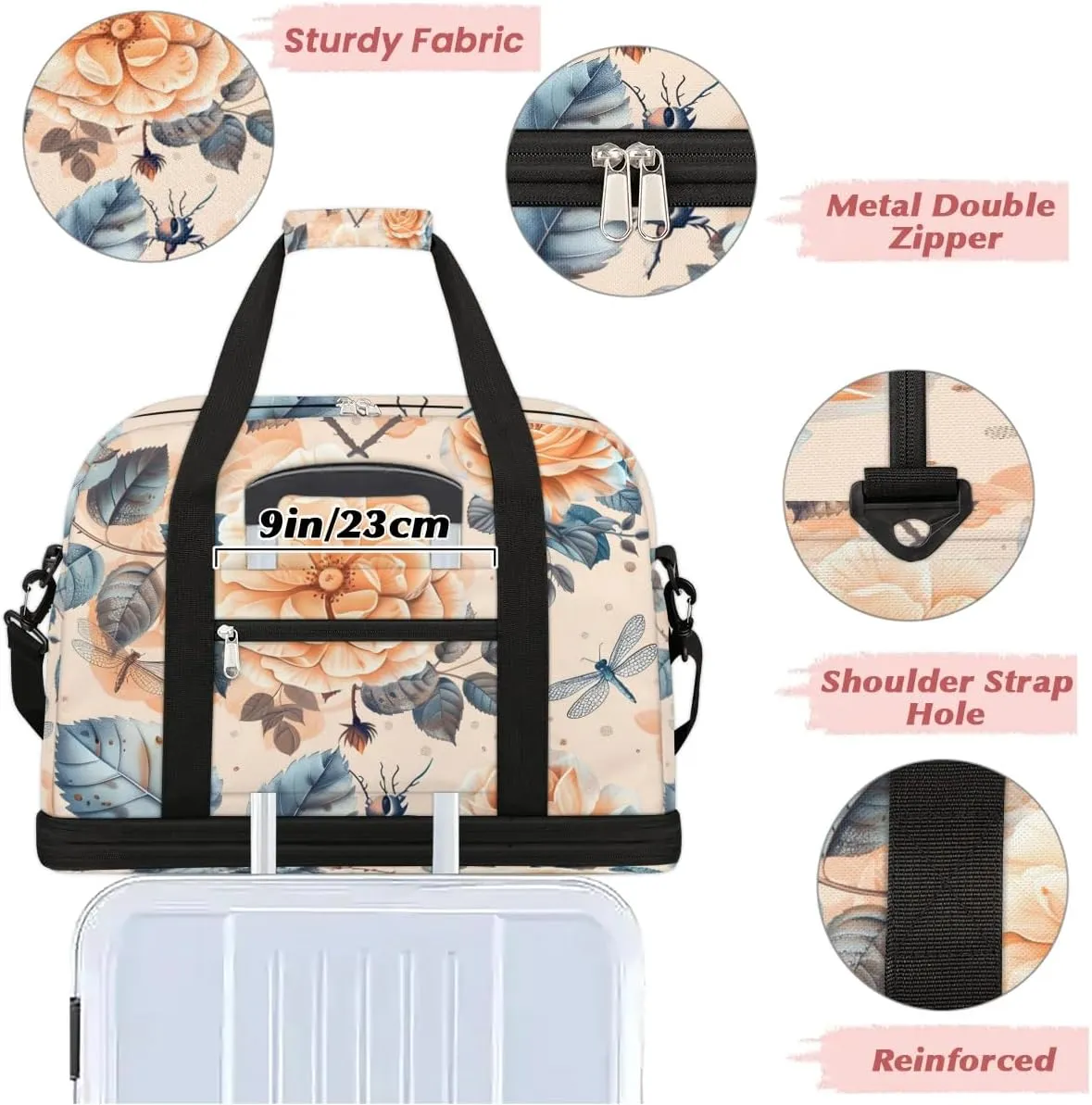 Elegant Flower Colorful Print Travel Duffle Bag, Collapsible Travel Bag Sports Gym Bag With Shoes Compartment Weekender Bag Overnight Bag For Women Men