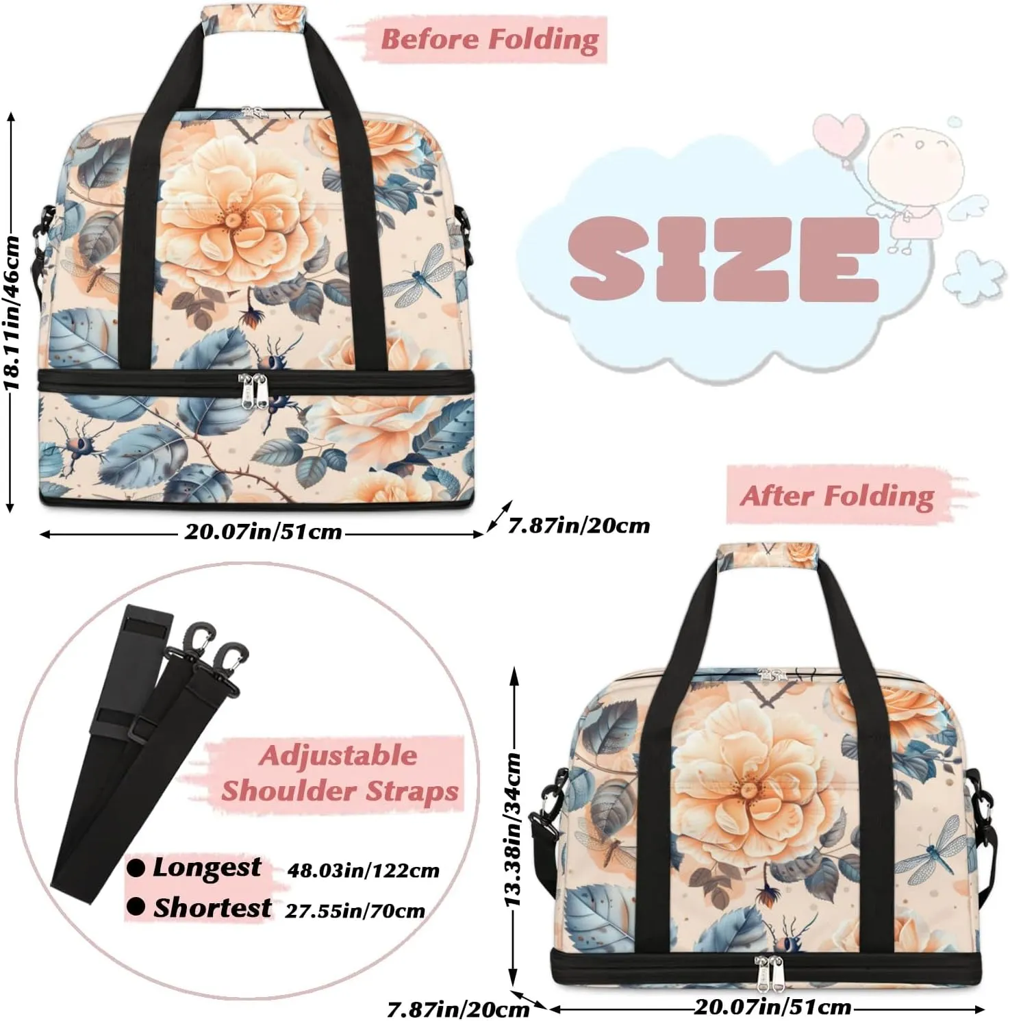 Elegant Flower Colorful Print Travel Duffle Bag, Collapsible Travel Bag Sports Gym Bag With Shoes Compartment Weekender Bag Overnight Bag For Women Men