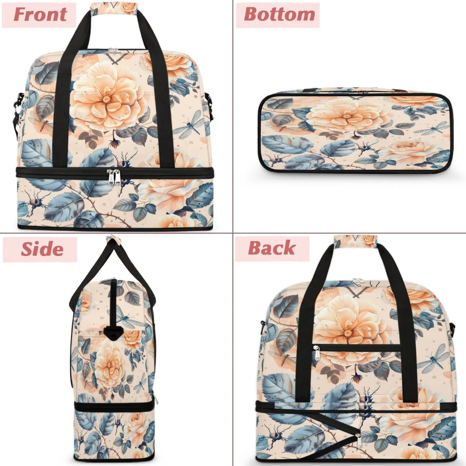 Elegant Flower Colorful Print Travel Duffle Bag, Collapsible Travel Bag Sports Gym Bag With Shoes Compartment Weekender Bag Overnight Bag For Women Men