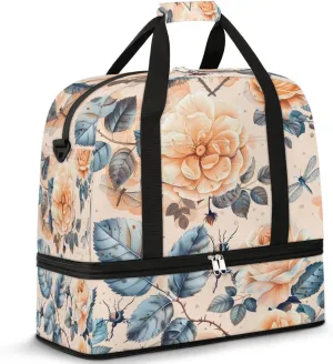Elegant Flower Colorful Print Travel Duffle Bag, Collapsible Travel Bag Sports Gym Bag With Shoes Compartment Weekender Bag Overnight Bag For Women Men