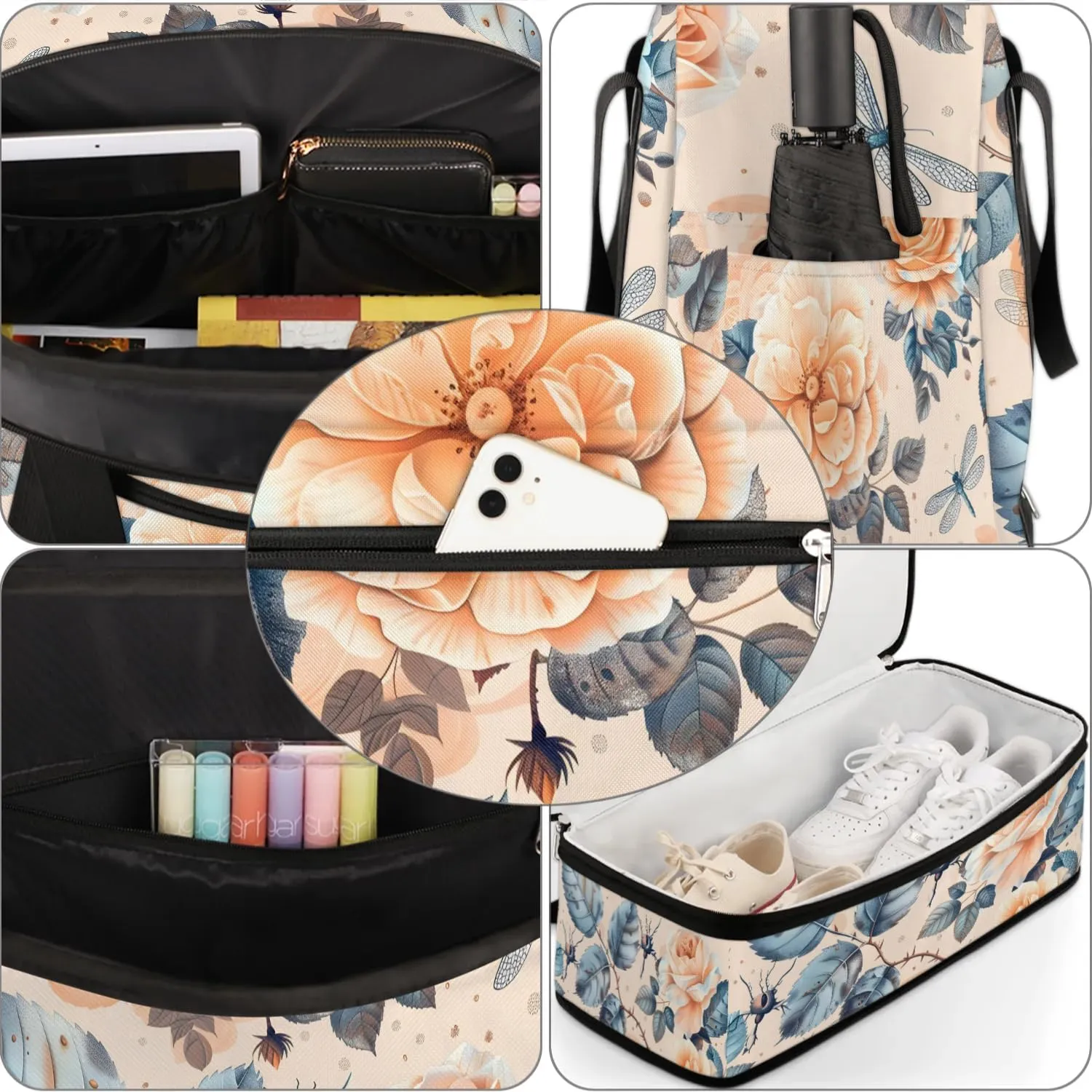 Elegant Flower Colorful Print Travel Duffle Bag, Collapsible Travel Bag Sports Gym Bag With Shoes Compartment Weekender Bag Overnight Bag For Women Men