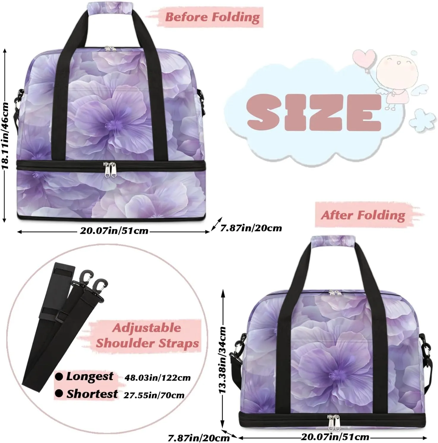Elegant Flower Colorful Printings Travel Duffle Bag, Collapsible Travel Bag Sports Gym Bag With Shoes Compartment Weekender Bag Overnight Bag For Women Men