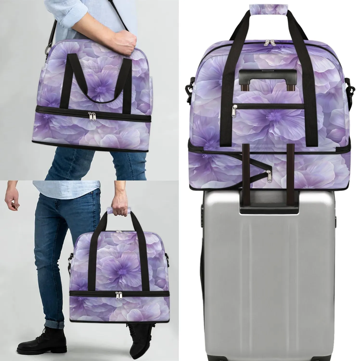 Elegant Flower Colorful Printings Travel Duffle Bag, Collapsible Travel Bag Sports Gym Bag With Shoes Compartment Weekender Bag Overnight Bag For Women Men