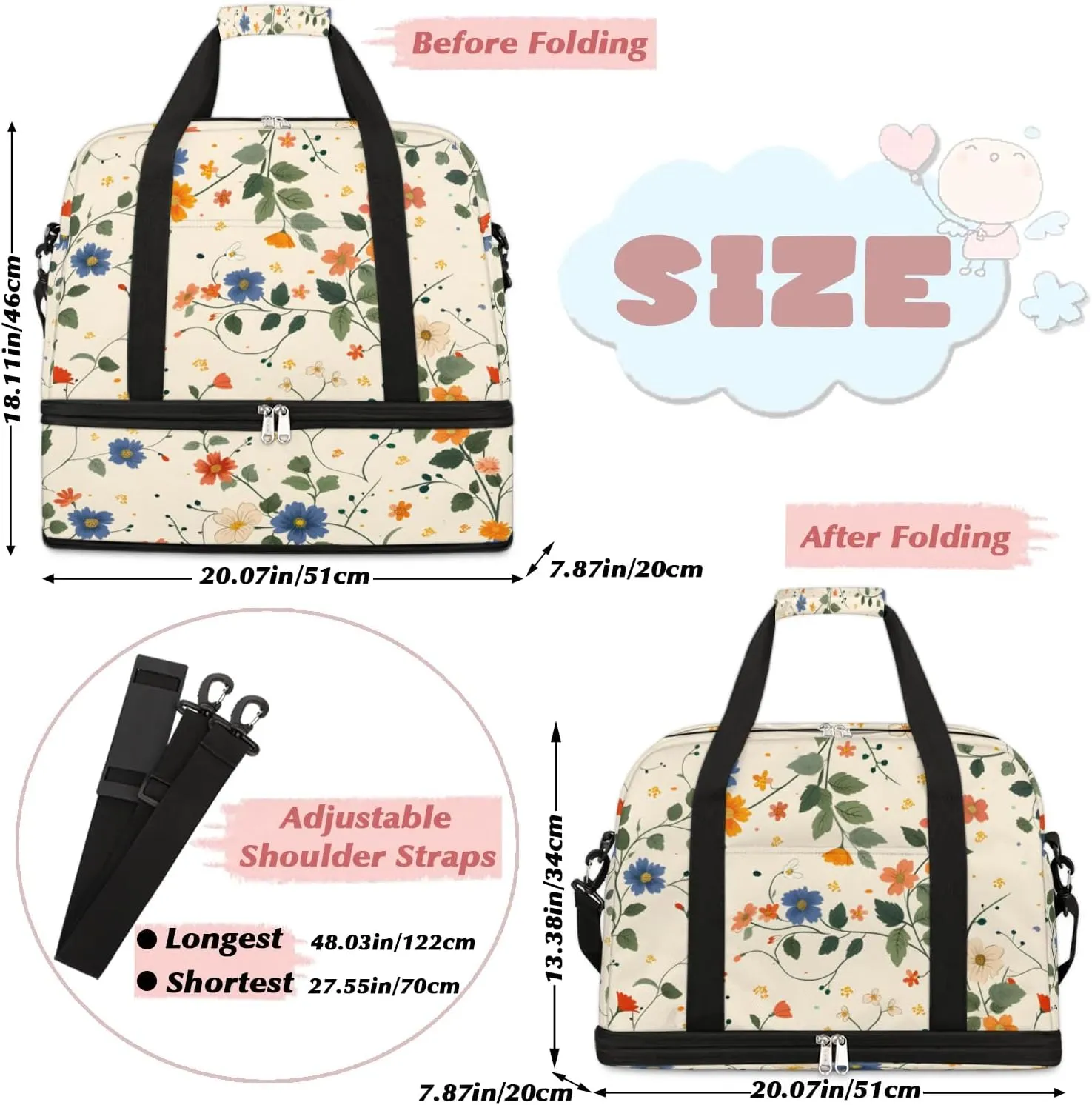 Elegant Flower Flora Patterns Travel Duffle Bag, Collapsible Travel Bag Sports Gym Bag With Shoes Compartment Weekender Bag Overnight Bag For Women Men