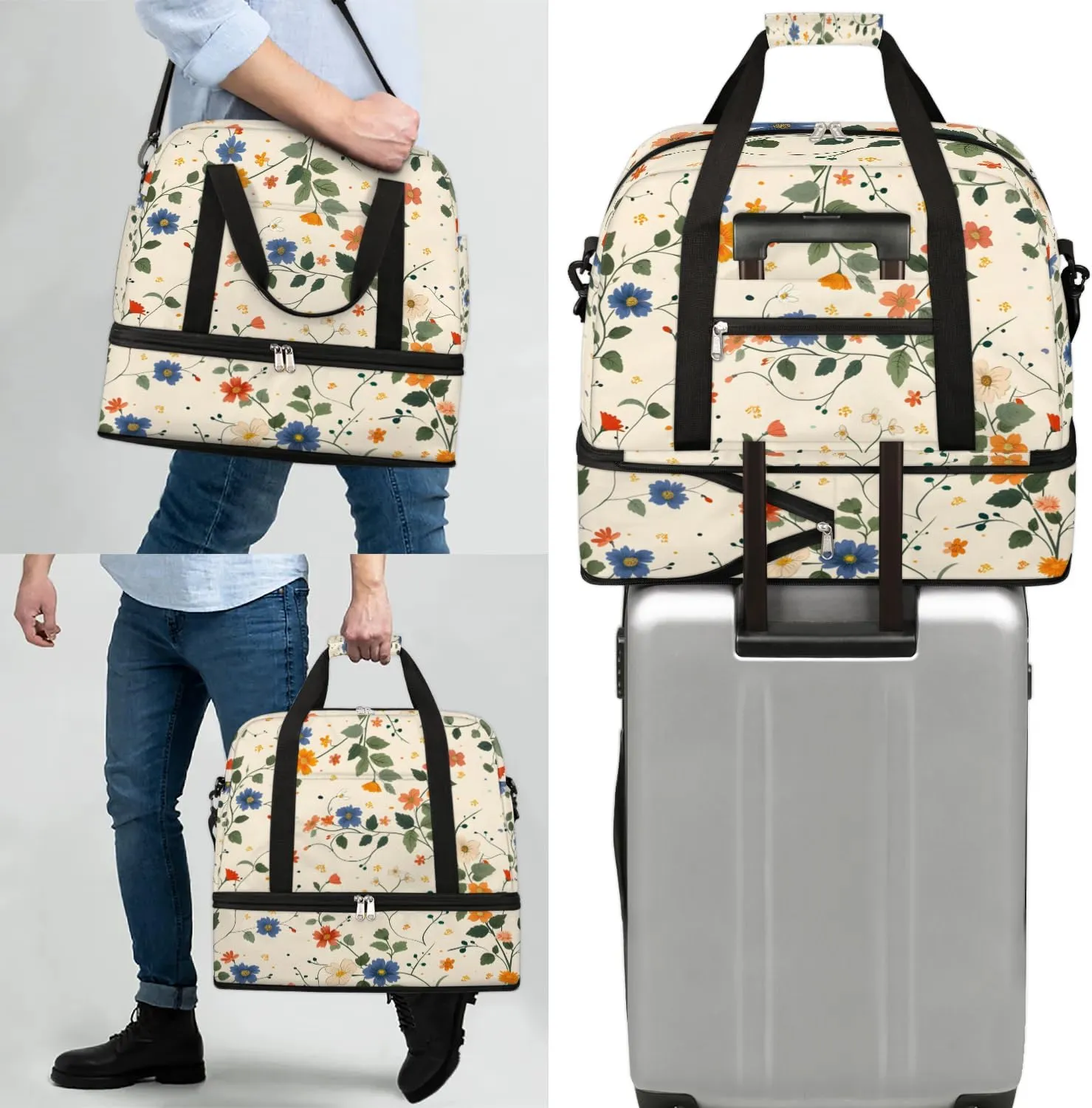 Elegant Flower Flora Patterns Travel Duffle Bag, Collapsible Travel Bag Sports Gym Bag With Shoes Compartment Weekender Bag Overnight Bag For Women Men