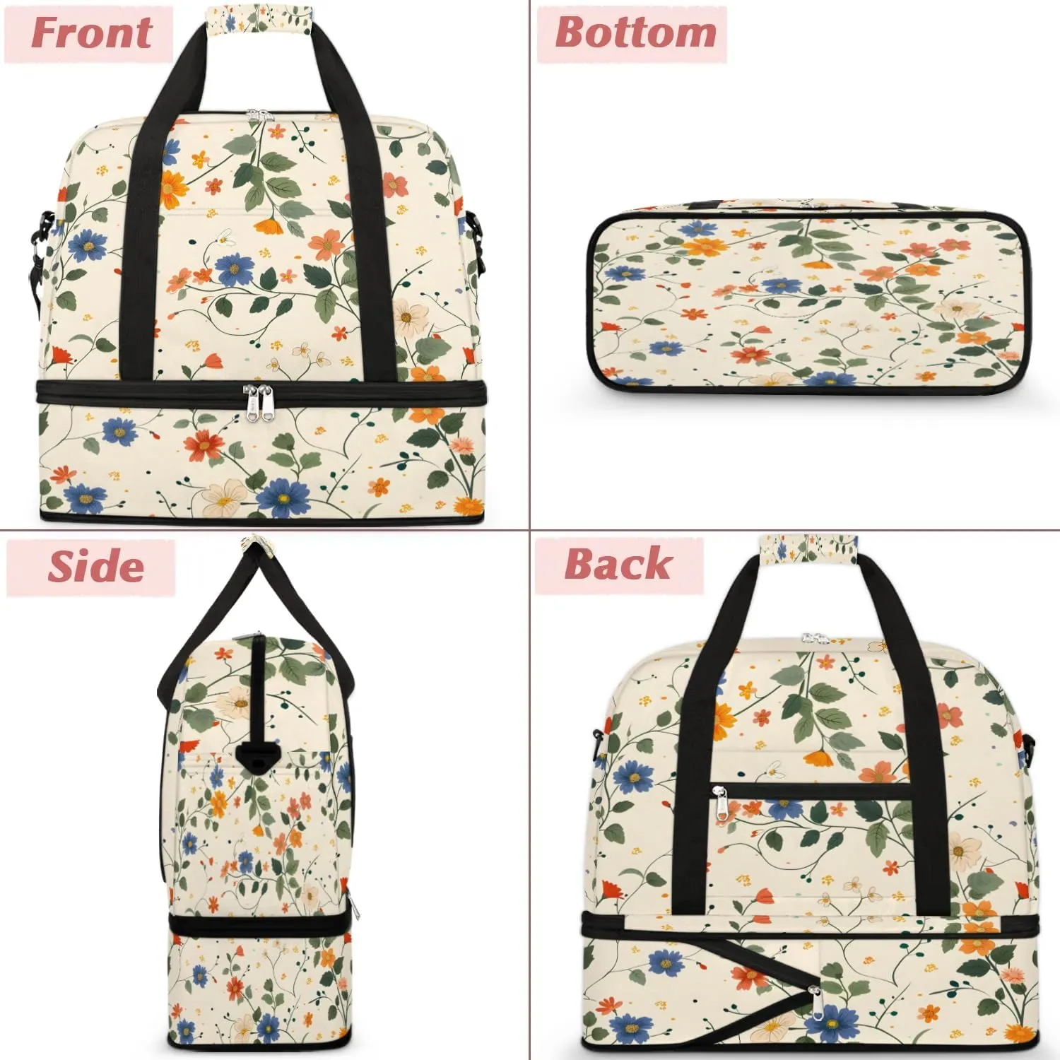 Elegant Flower Flora Patterns Travel Duffle Bag, Collapsible Travel Bag Sports Gym Bag With Shoes Compartment Weekender Bag Overnight Bag For Women Men